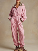 Casual Sporty Retro Pink Cotton Long-Sleeved Leopard Print Jumpsuit