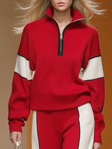 Retro Sports Style Contrast Color Knit Top And Pants Set