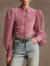 Western Retro Pink Faux Suede Long-Sleeved Shirt