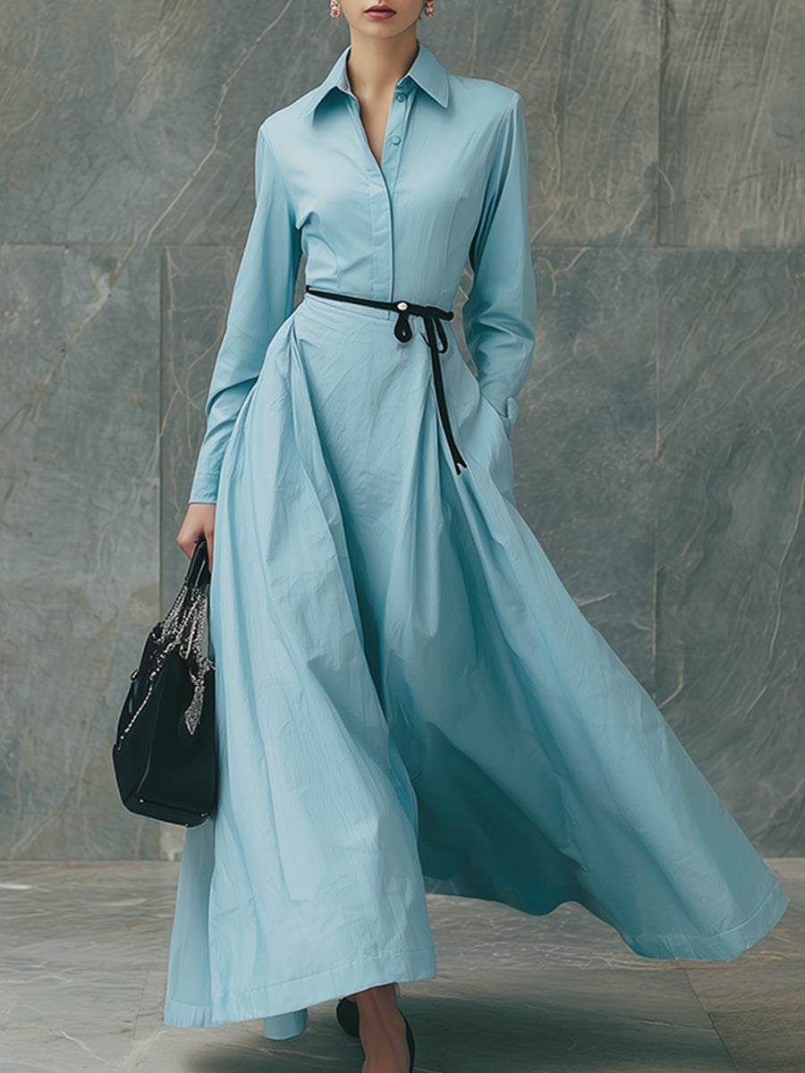 Elegant And Classic Blue Collared Shirt Maxi Dress