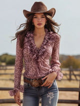 Pink Leopard Chiffon With Ruffled Lace V-neck Long-sleeved Shirt
