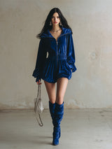 Elegant And Stylish Royal Blue Velvet Collared Front Zip-up Shorts Jumpsuit