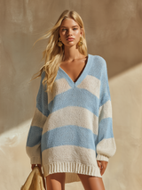 Casual Stylish Vacation Striped V-neck Knitted Mini Dress
