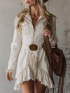 Retro And Stylish Lapel Collar Zip-up Ruffled Off-white Mini Dress