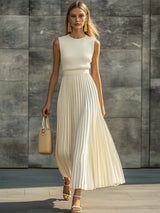 Elegant Casual And Comfortable Cream Knitted Chiffon Pleated Hem Maxi Dress