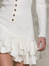 Elegant White Waffle-knit Mini Dress With Buttons And Ruffle Details