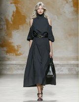 Stylish High-neck Off-the-shoulder A-line Midi Dress