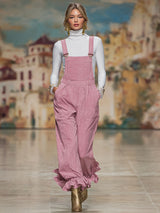 Pink Multi-pocket Ruffled Faux Suede Overalls
