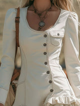 Vintage-style Round-neck Multi-button Ruffled Denim Long-sleeved Mini Dress