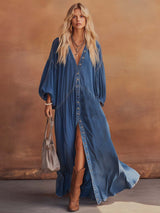 Vintage Oversized V-Neck Denim Maxi Dress