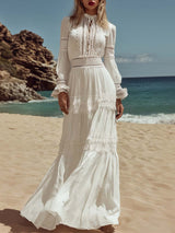 Elegant Retro Bohemian Style Round Neck Lace Trim White Cotton Maxi Dr