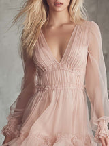 Elegant Fashion Flowing V-neck Ruffled Hem Light Pink Chiffon Mini Dress