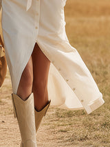 Western-style Casual White Button-down Cotton Midi Dress