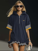 【24-hour shipping out】Casual Ultra-loose Front Zipper Short-sleeved Ruffled Hem Navy Blue Hoodie Style Mini Dress