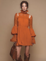 Retro Fashion Slim-fitting Long-sleeved Lace-paneled Off-the-shoulder Orange Woven Mini Dress