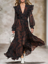 Fashionable Retro Long-sleeved Paisley Black Chiffon Ruffle Maxi Dress