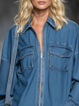 Collared Multi-pocket Zippered Denim Mini Dress