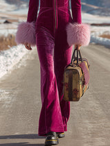 Fashion Retro Rose Red Velvet Faux Fur Collar Long Sleeve Flared Jumpsuit