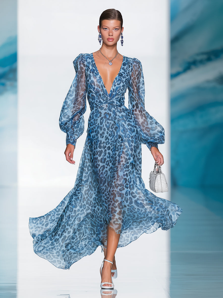 【24-hour shipping out】Elegant And Fashionable Chiffon Blue Leopard Print Long Sleeve V-neck Flowing Maxi Dress