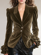 Solid Color Lapel Ruffled Single-breasted Velvet Blazer