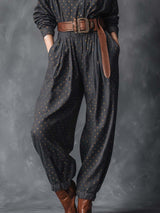 Vintage Fashiona Lapel Front Button Gold-plated Silver Polka Dot Pattern Dark Gray Denim Jumpsuit