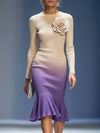 Elegant Three-dimensional Floral Decoration Beige And Purple Knitted Midi Dress