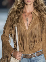 Casual Vintage Western Button Front Tassel Long Sleeve Light Brown Fuax Suede Shirt Top