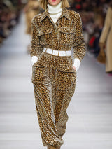 Western Casual Button Leopard Print Velvet Midi Dress