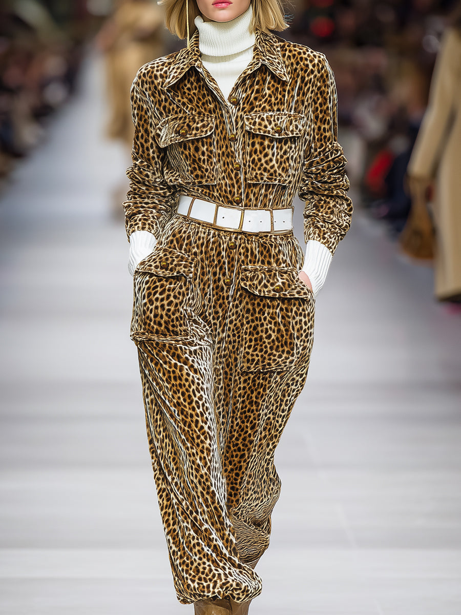 Western Casual Button Leopard Print Velvet Midi Dress