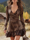 Western-style Vintage Satin Brown Leopard Print Velvet Mini Dress