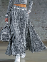 Leopard Print Stand-collar Zip-up Top And Long Skirt Velvet Set