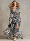 Retro Vacation Black And White Zebra Print Chiffon Long-sleeved Slit Maxi Dress