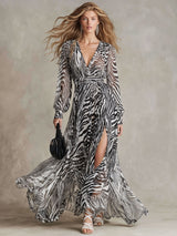 Retro Vacation Black And White Zebra Print Chiffon Long-sleeved Slit Maxi Dress