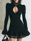 Elegant Knitted Mini Dress With A Cutout Neckline And Lace Detailing
