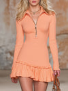 Stylish Orange Ribbed High-stretch With Zipper And Ruffle Details Mini Dress