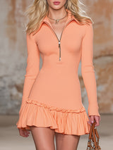 Stylish Orange Ribbed High-stretch With Zipper And Ruffle Details Mini Dress