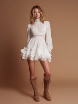 Stylish Vintage Long-sleeved Lace-paneled White Chiffon Mini Dress