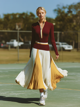 Trendy Sporty Burgundy Knit Top With Yellow And White Color-blocked Pleated Skirt Set