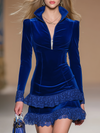 Elegant Vintage-style Zipper Stand Collar Lace Trim Velvet Mini Dress