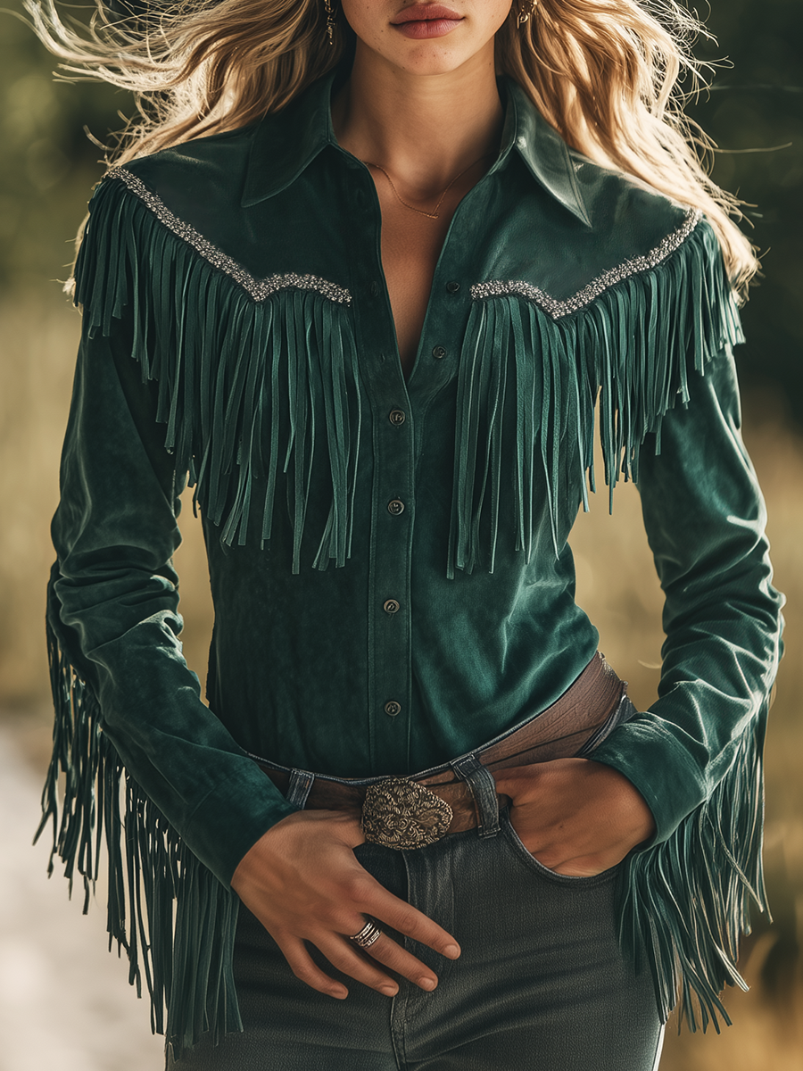 Bohemian Retro Tassel Lapel Long Sleeve Suede Shirt