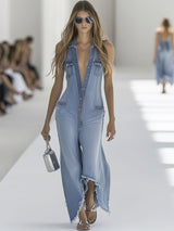 【24-hour shipping out】Western Retro Light Blue Denim Sleeveless Raw Edge Wide Leg Zipper Jumpsuit