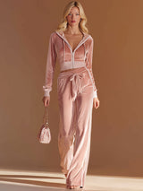 Sporty Retro-style Pink Hooded Zip-up Velvet Top And Pants Set