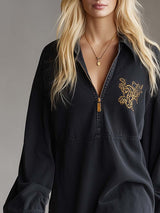 Casual Fashion Lapel Front Zipper Black Denim Mini Dress