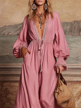 Pink V-neck Tie-waist Patchwork Lace Cotton And Linen Long-sleeved Maxi Dress