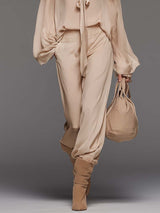 Elegant Flowing Versatile Tie-front V-neck Flared Sleeves Beige Chiffon Blouse And Pants Set