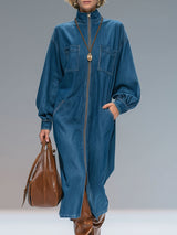 Stand-collar Multi-pocket Zip-up Denim Long-sleeved Midi Dress