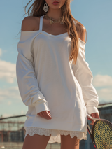 Retro Sporty Off-the-shoulder Long Sleeve Lace Trim Sweatshirt Dress