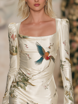 Square-Neck Long-Sleeved Printed Satin Maxi Dress