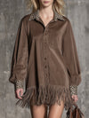 Western-style Faux Suede Brown And Leopard Print Patchwork With Tassels Mini Shirt Dress