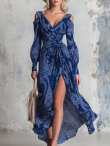 Elegant Bohemian Blue Paisley Print Chiffon Off-the-shoulder Long-sleeved Maxi Dress